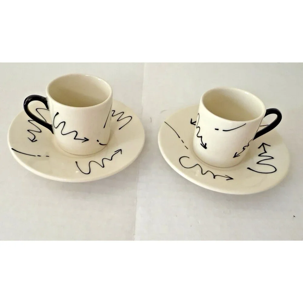 Vtg Set 2 Black White Contemporary English Art Expresso Cups Saucers EUC SOFIEB